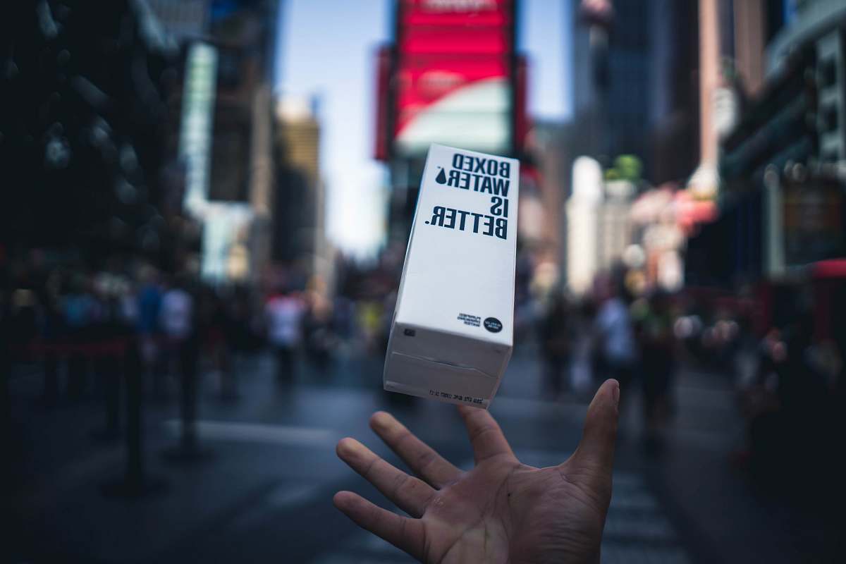times square Boxes Water is Better floating on mid air taken at daytime new york